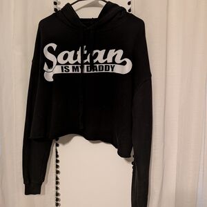Black Cropped Hoodie with 'Satan Is My Daddy' Graphic